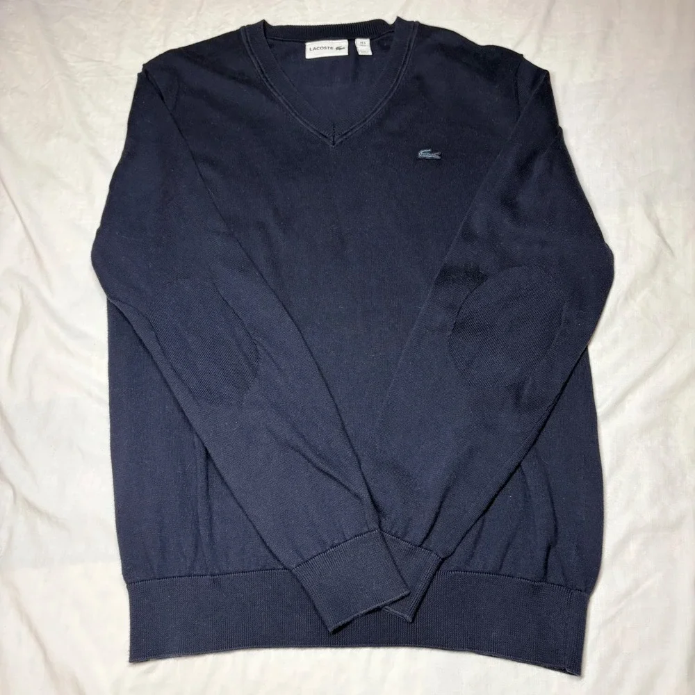 Lacoste Mens Navy Blue V-Neck Cotton‎ Sweater Elbow Patches AH7894 Size L FR 5